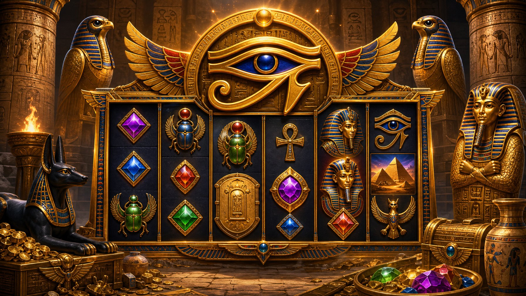Illustration Of The Eye Of Horus Symbol Surrounded By EgyptianThemed Slot Machine Elements And Ancient Temple Artifacts.