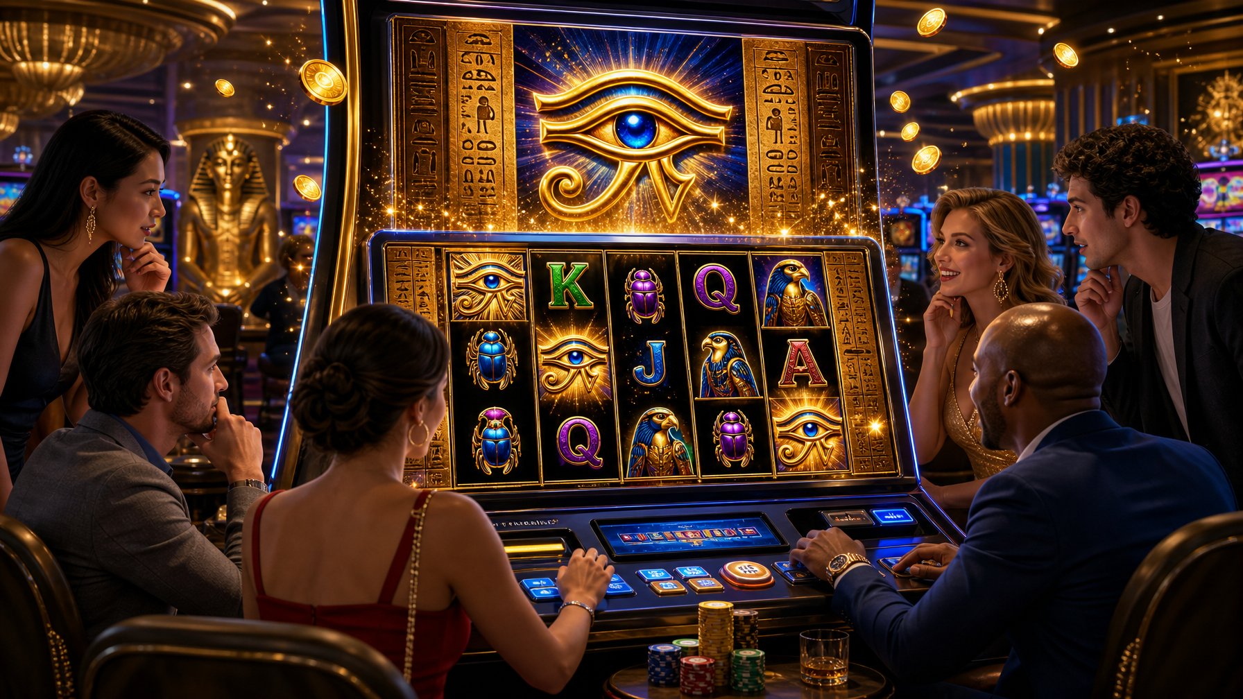 A Diverse Group Of Casino Players Gathered Around An EgyptianThemed Slot Machine Inside A Modern Casino.