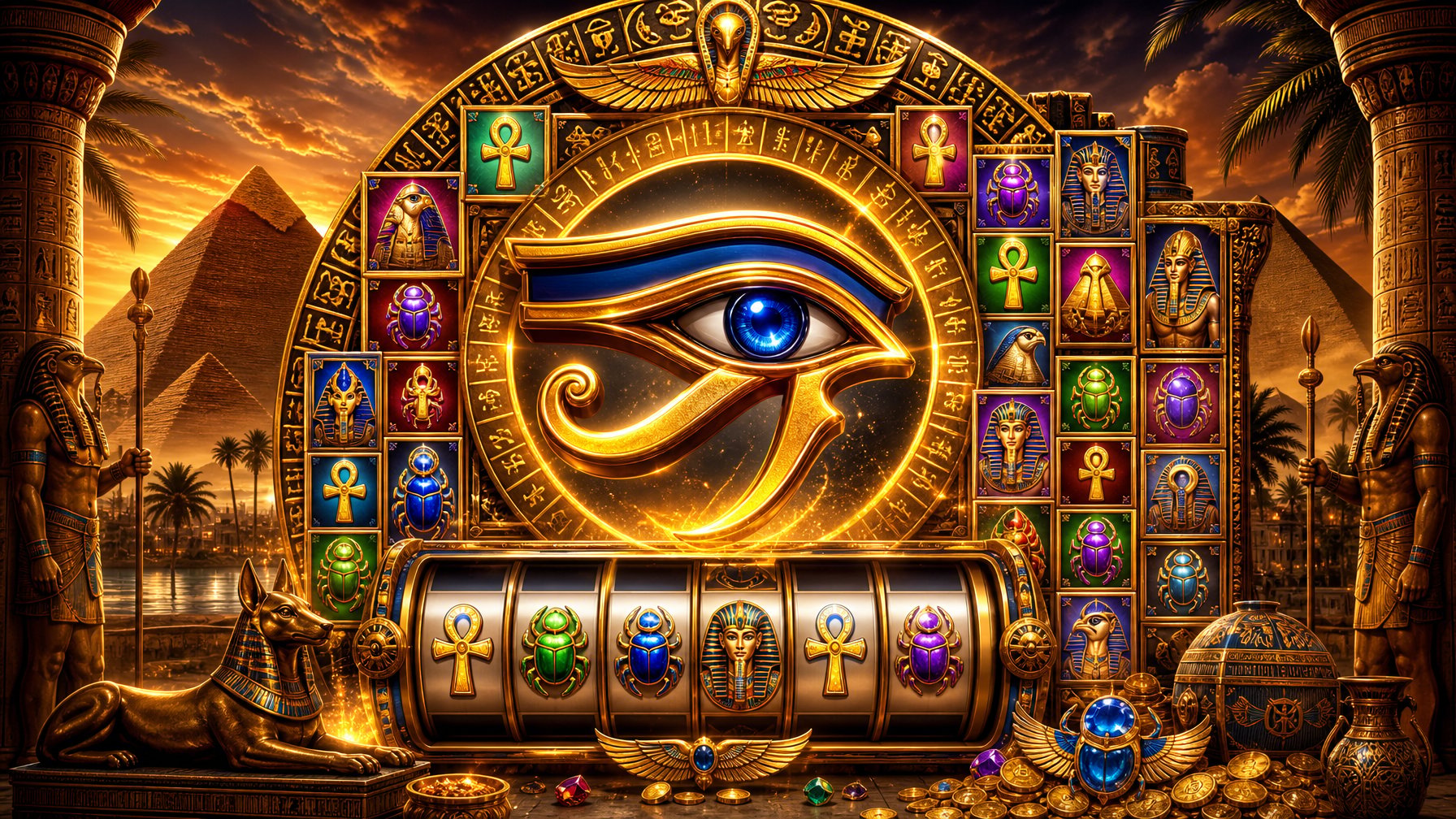 An Ancient Egyptian Eye Of Horus Surrounded By Slot Machine Symbols And Hieroglyphics With Pyramids In The Background.