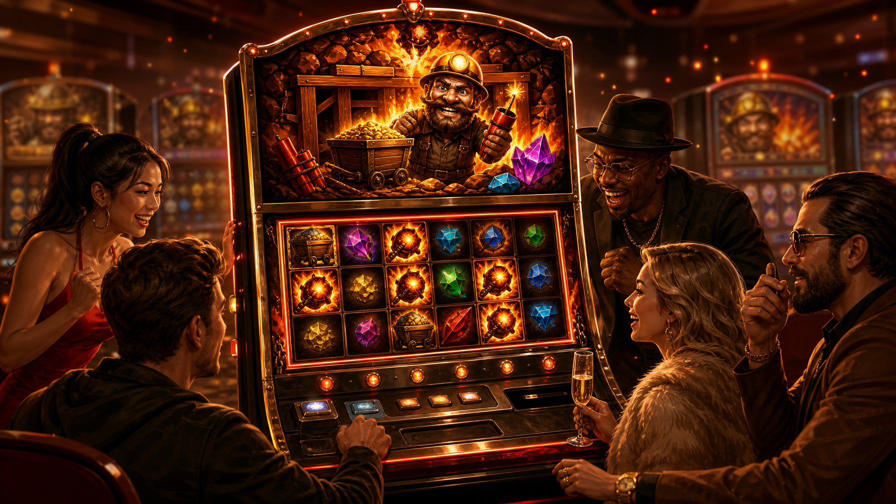 A Vibrant Scene Showing A FieryThemed Slot Machine With Diverse Players Engaged, Surrounded By Faint Outlines Of Similar Slot Machines.