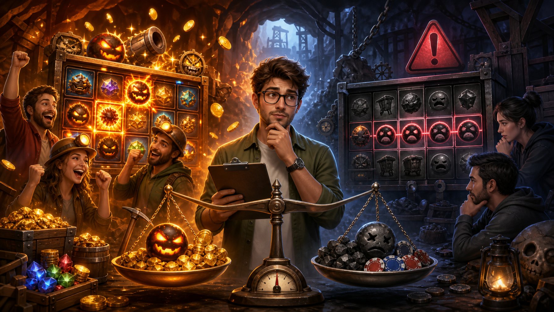 A Balanced Scene Showing Positive And Negative Aspects Of A Slot Game With Slot Machines, Coins, Warning Signs, And A Central Figure Weighing Pros And Cons.