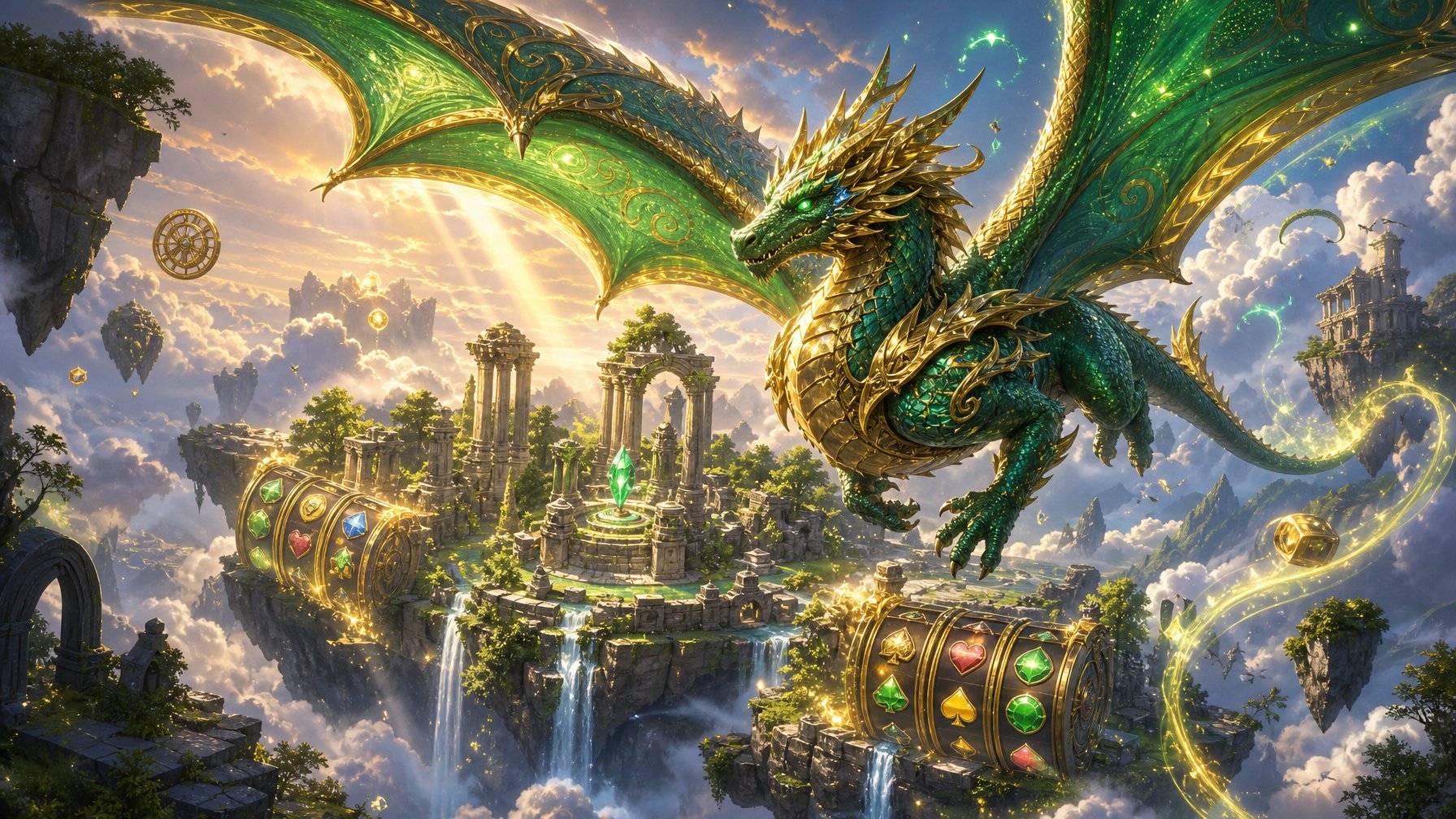 A Majestic Dragon Flying Above A Floating Island With Ancient Ruins, Waterfalls, And Clouds Under A Bright Sky.
