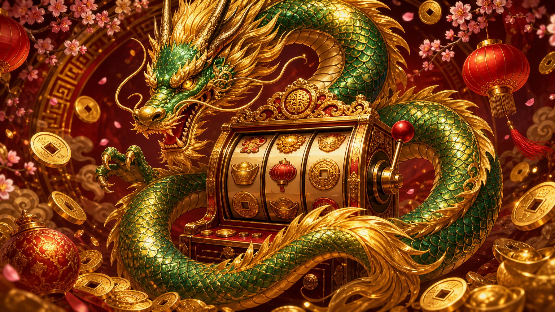 A Majestic Fortune Dragon Wrapped Around A Traditional Asian Slot Machine Surrounded By Golden Coins And Lucky Symbols.