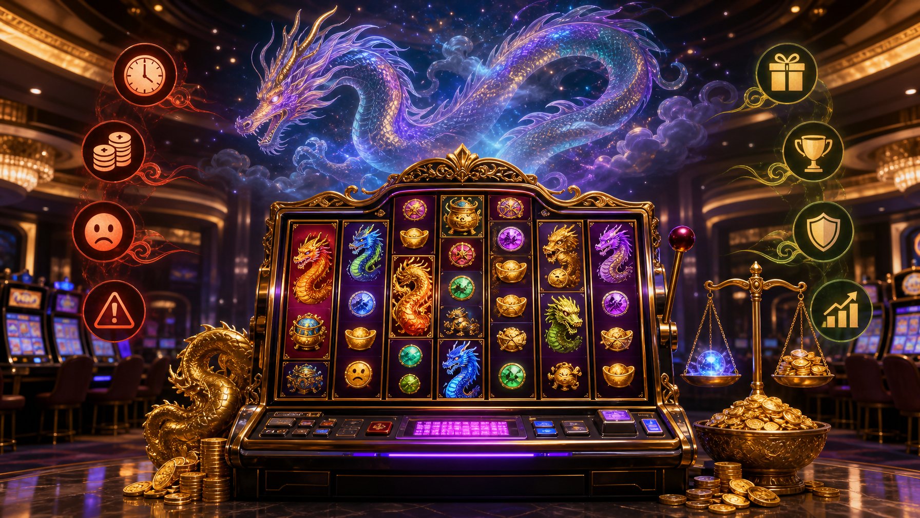 A Glowing Slot Machine With Dragon Symbols And A Floating Dragon Above It Inside A Modern Casino Setting.