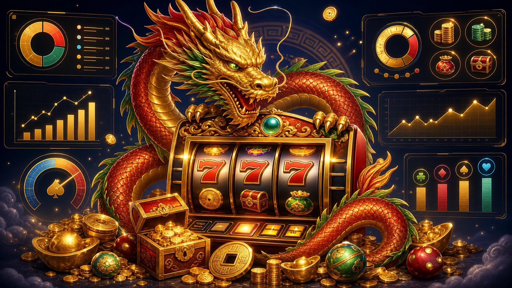 A Fortune Dragon Coils Around A Glowing Slot Machine Surrounded By Symbols Of Luck And Stylized Charts Representing Key Numbers.