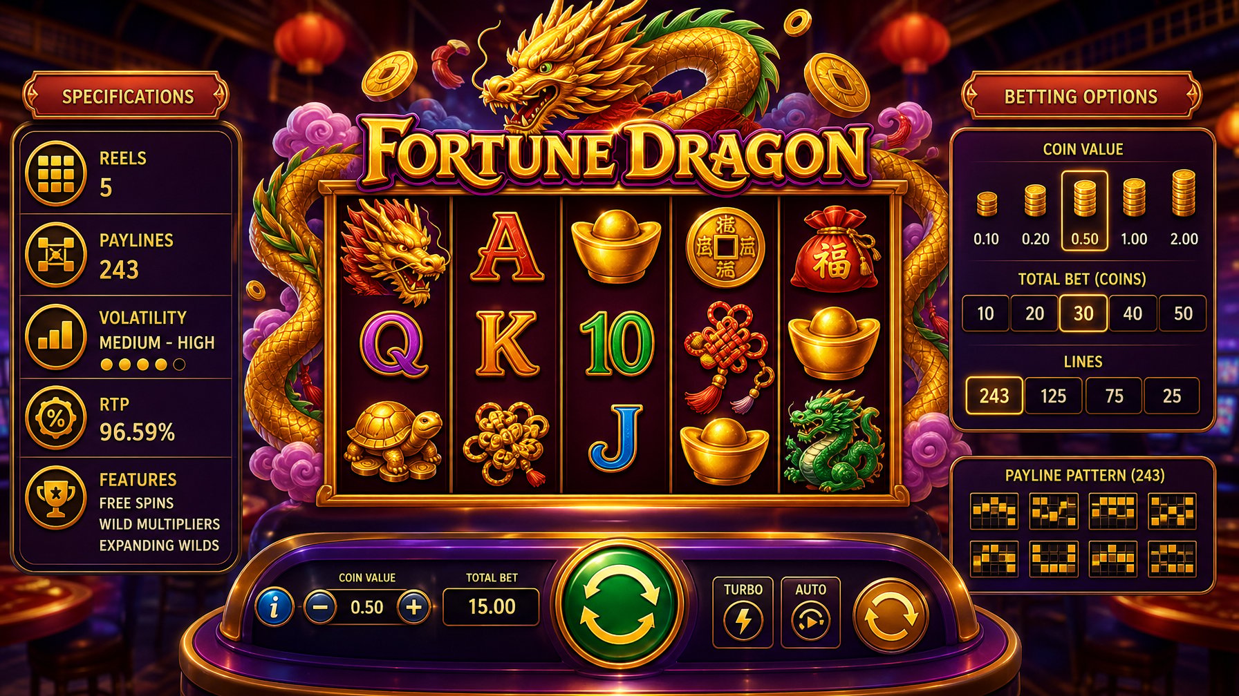 Illustration Of A Slot Machine Screen Featuring A Dragon And Golden Coins, Surrounded By Betting Options And Controls In A Casino Setting.