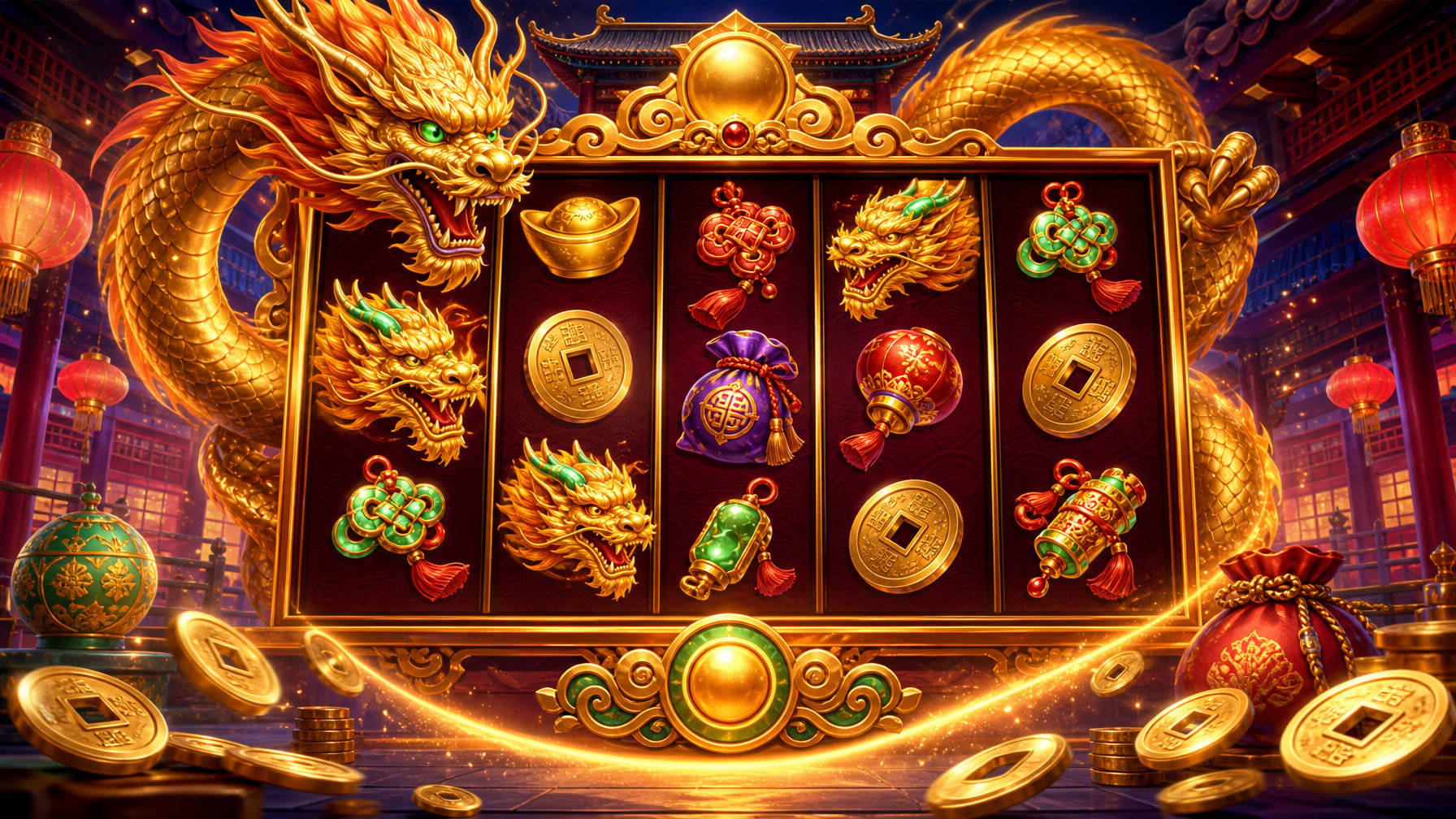 A Slot Machine Decorated With A Golden Dragon And Colorful Symbols Like Dragons And Coins, Set Against A Background With AsianInspired Lanterns And Patterns.