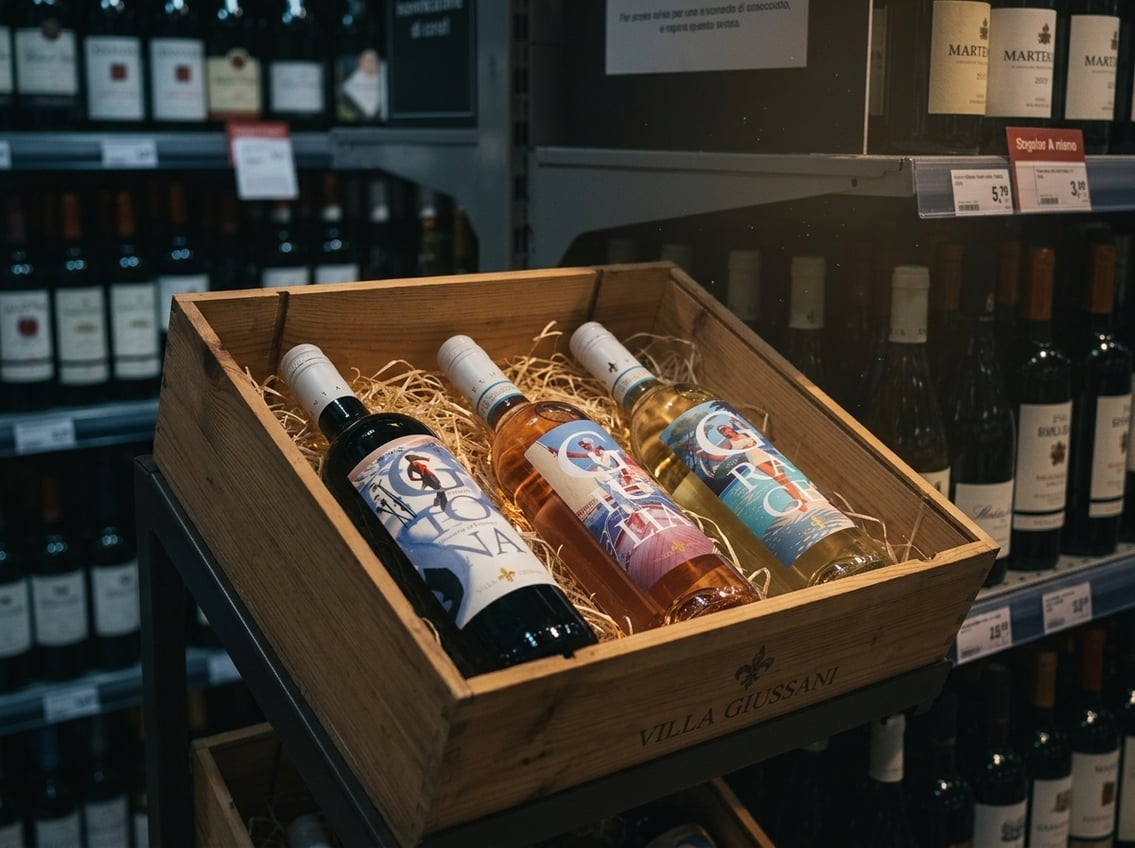 drei geissen weine liegen im supermarkt regal in einer holzkiste