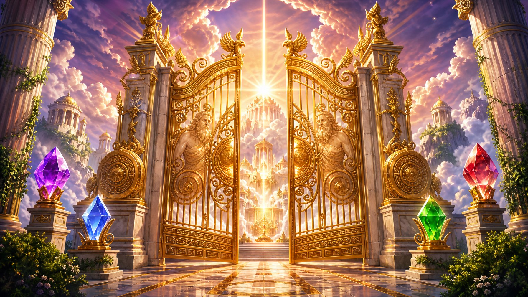 Majestic Golden Gates With Greek Mythological Decorations Under A Radiant Sky With Clouds And Greenery, Surrounded By Classical Columns And Greenery.
