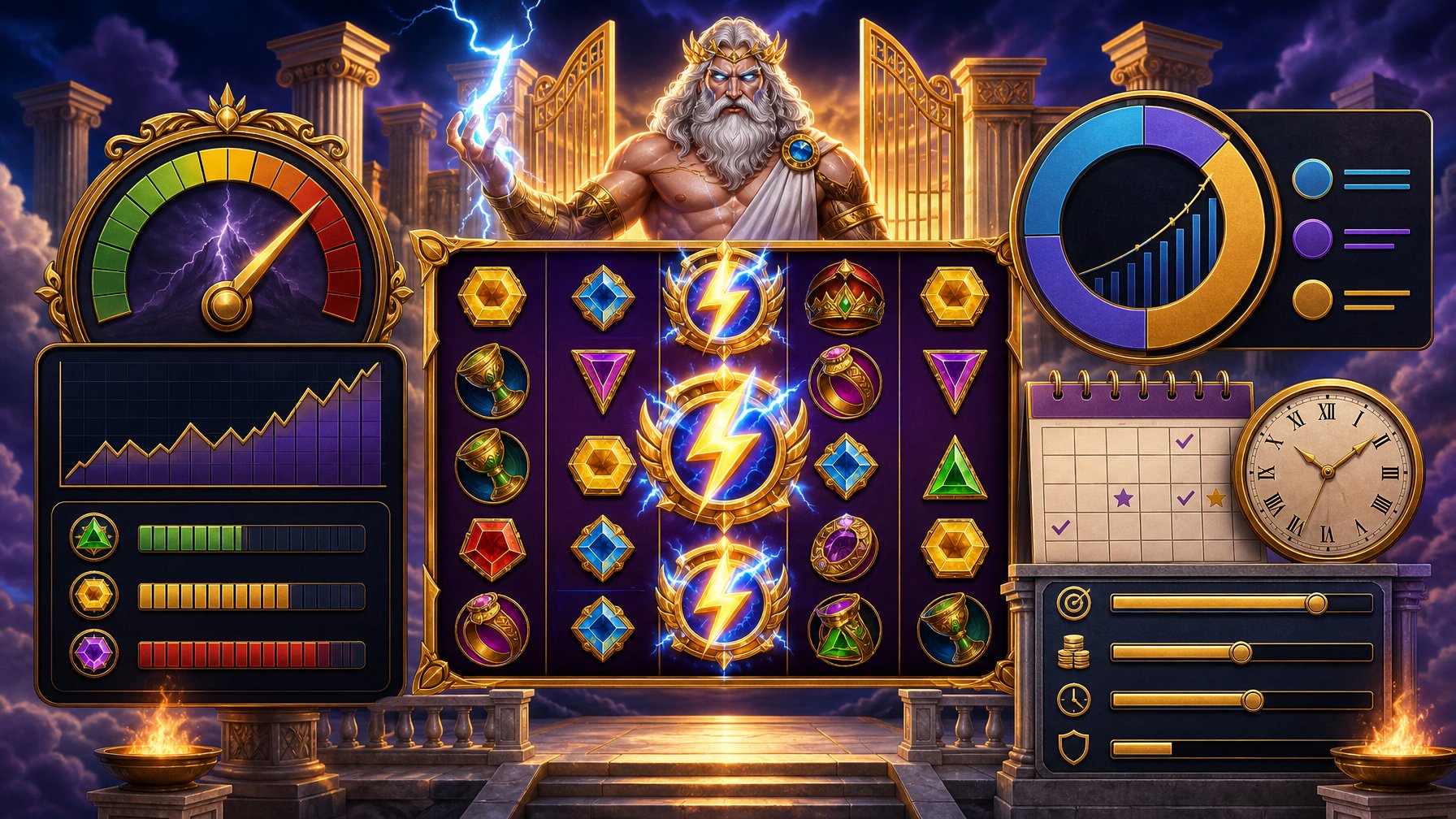 An Illustration Of A Greek MythologyThemed Slot Machine Surrounded By Charts, Graphs, And Calendar Symbols Representing Game Volatility, Return To Player, And Session Planning.