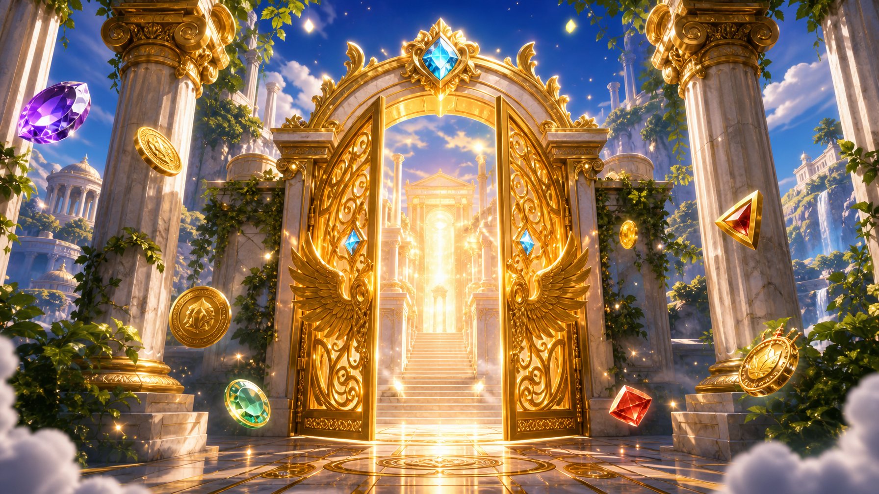 A Glowing Golden Ancient Greek Temple Gate Surrounded By Columns And Greenery, With Sparkling GemLike Symbols Floating Nearby.