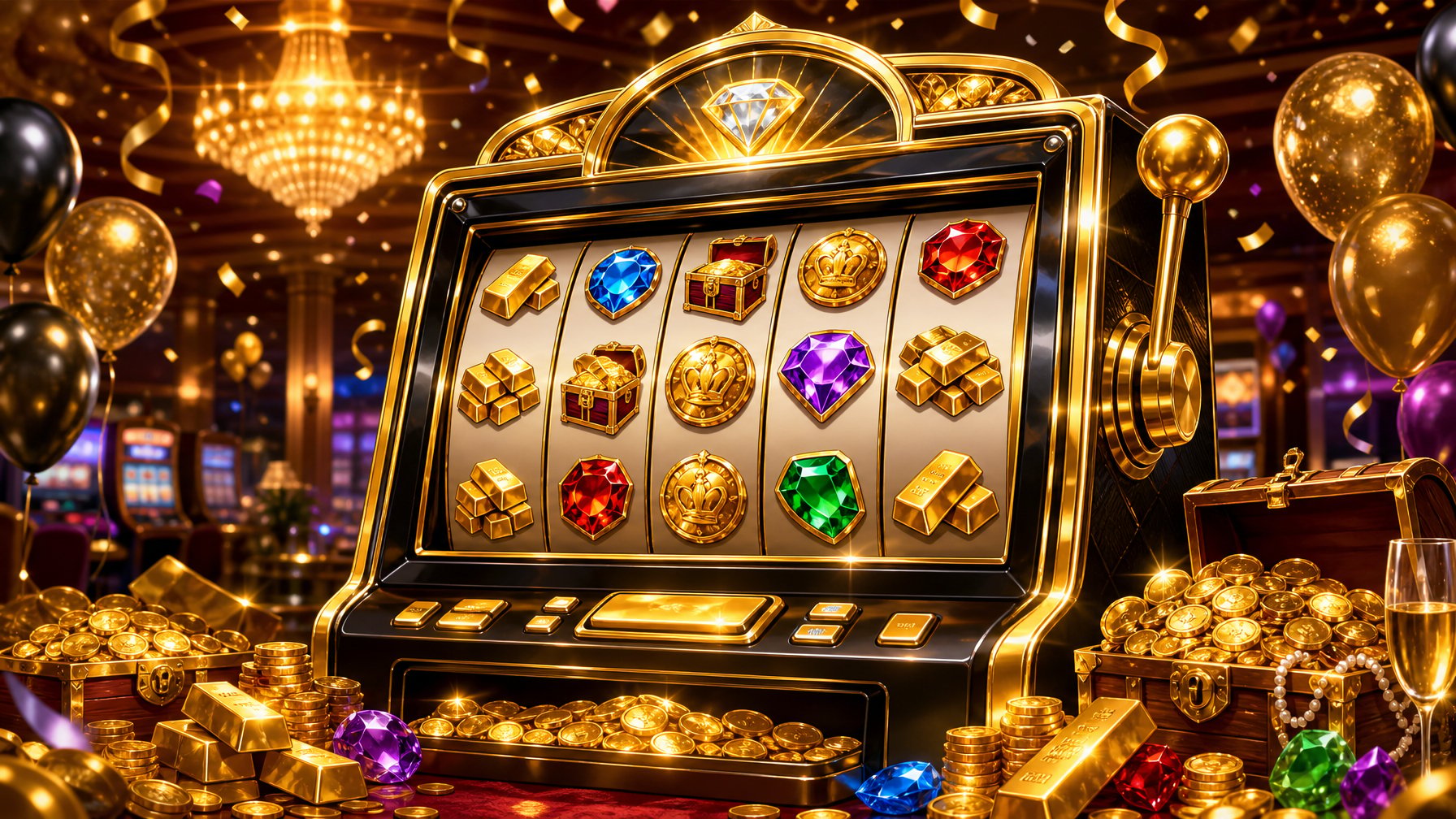 A GoldThemed Casino Slot Machine Surrounded By Shining Coins, Gems, And Festive Decorations In A Lively Casino Setting.