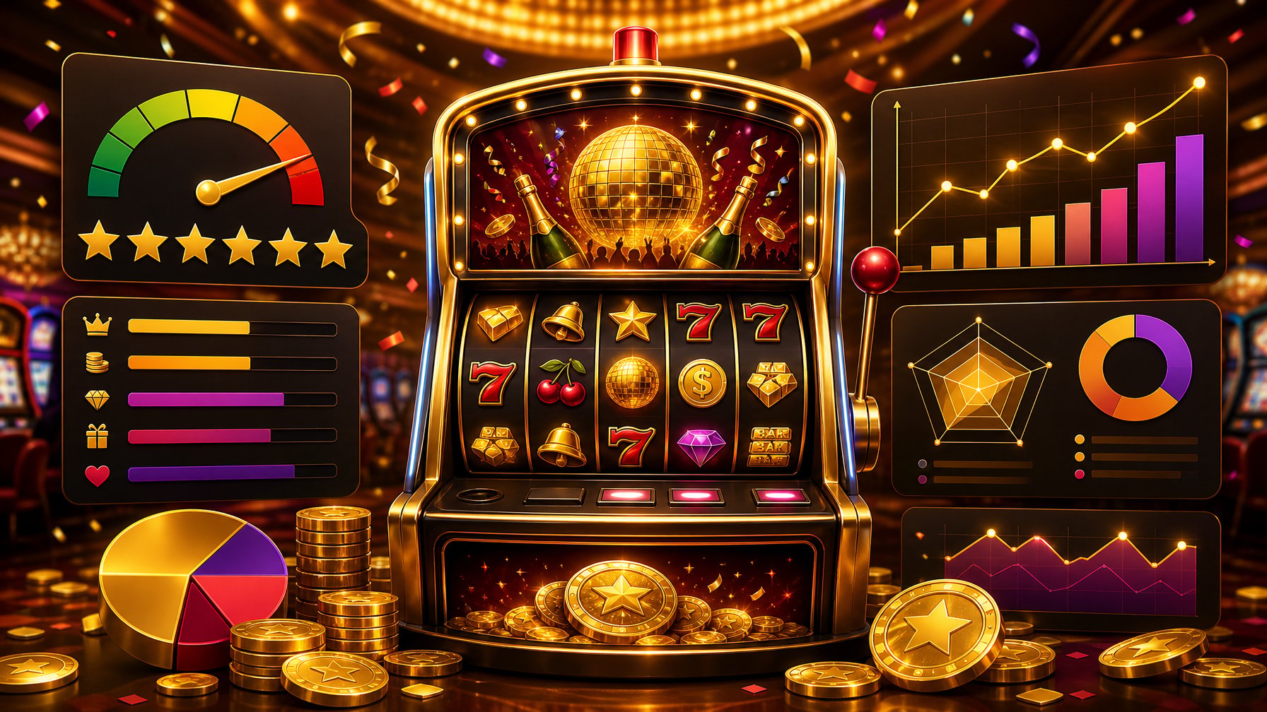 A Slot Machine With Gold And PartyThemed Decorations Surrounded By Abstract Charts And Rating Icons In A CasinoLike Setting.
