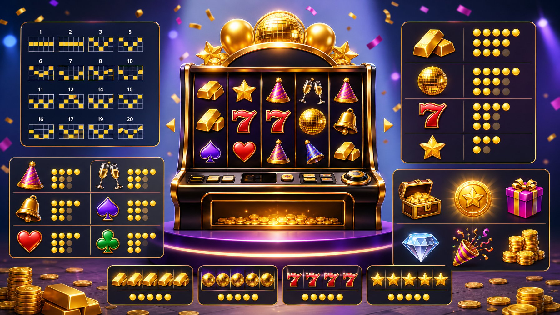 A Slot Machine Surrounded By Gold Coins, Party Decorations, And Graphical Pay Lines Illustrating The Game's Features And Payout Structure.