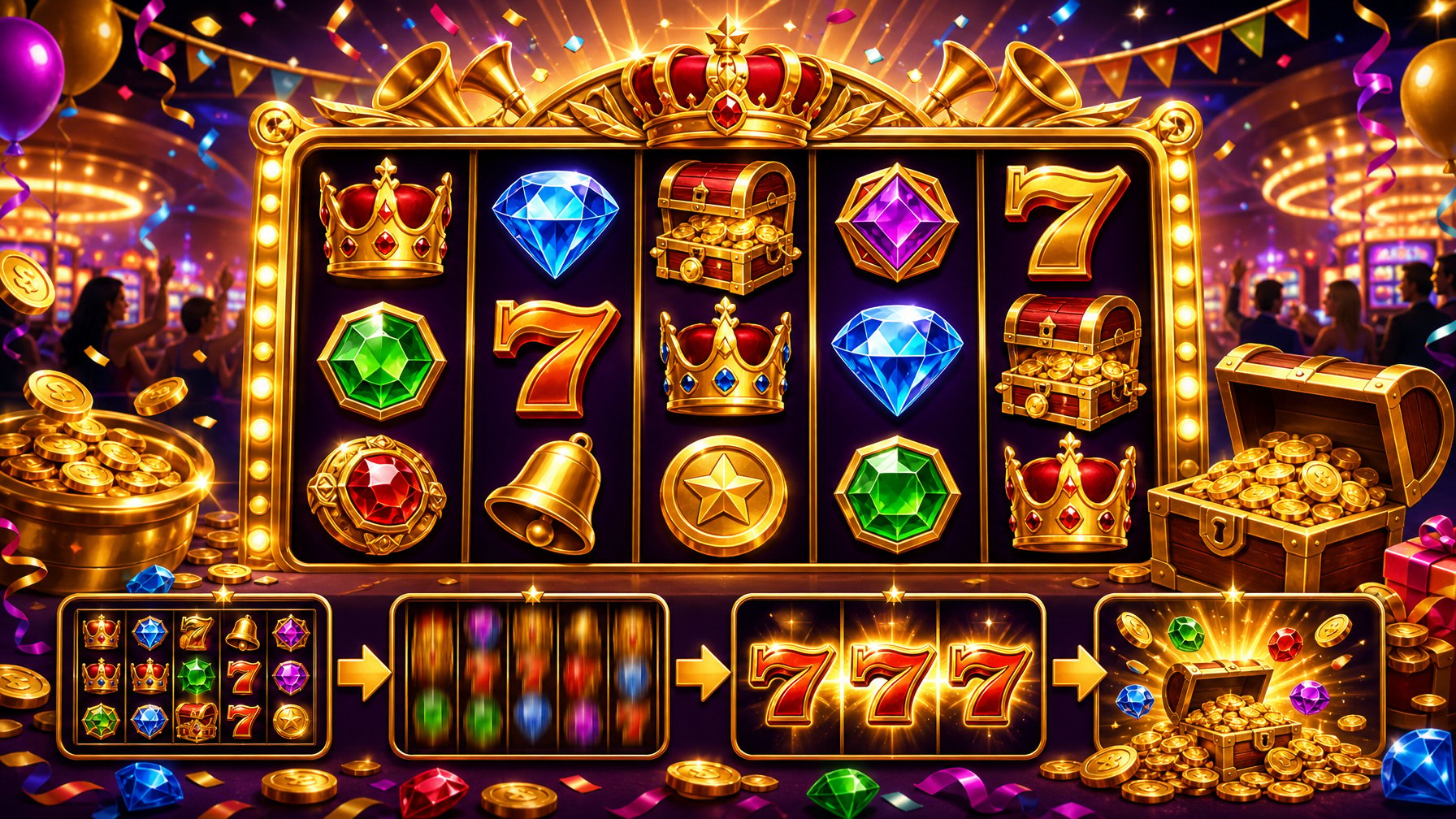 A Colorful Slot Machine With Gold Coins, Treasure Chests, Crowns, And Festive Decorations In A Lively Casino Setting.