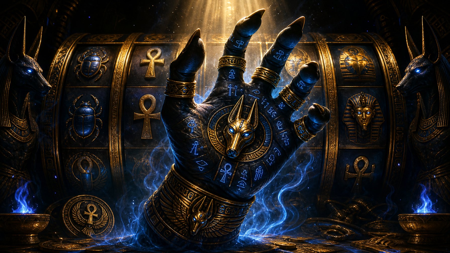 A Glowing Ancient Egyptian Hand With Golden Jewelry Surrounded By Slot Machine Symbols In A Dark, Mystical Setting.
