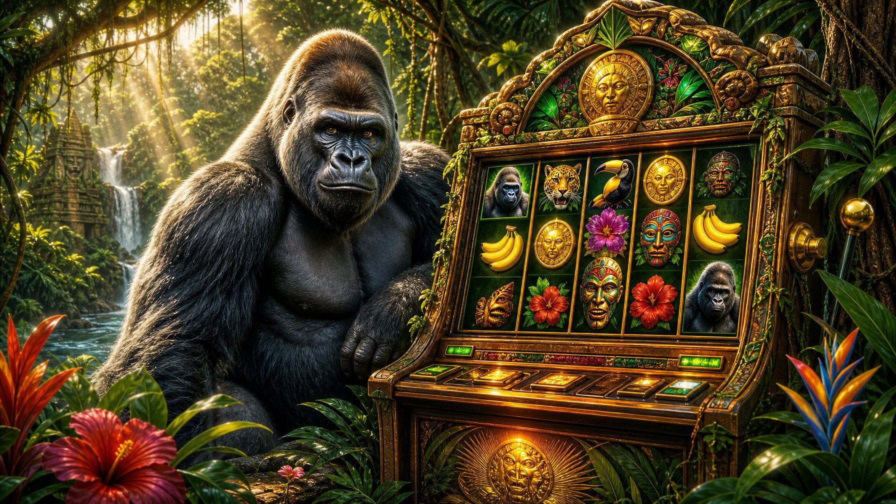 A Large Silverback Gorilla Near A JungleThemed Slot Machine Surrounded By Dense Green Foliage And Tropical Plants.