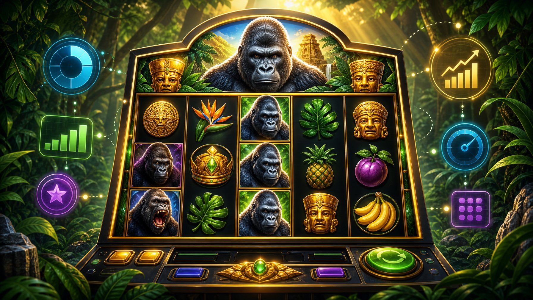 A Colorful Slot Machine With JungleThemed Symbols Including Gorillas And Golden Artifacts Set Against A Lush Jungle Background With Floating Abstract Numbers Representing Game Statistics.