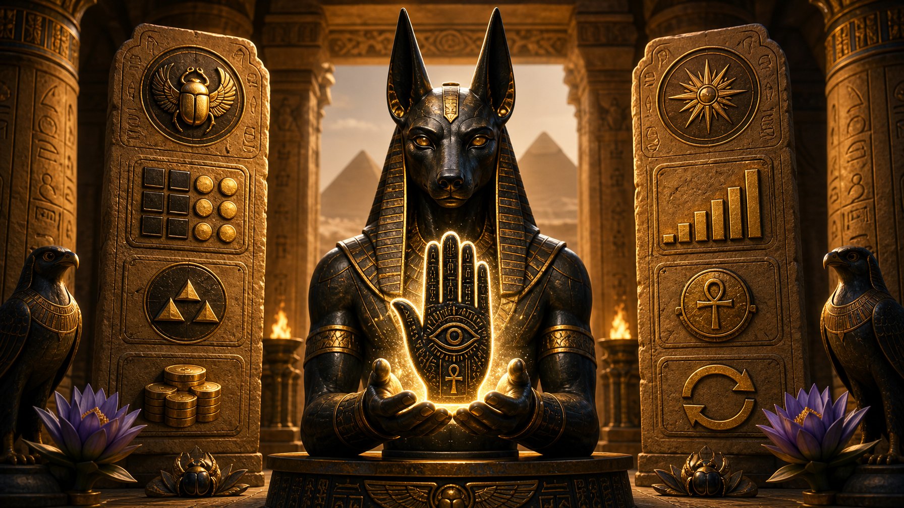 An Ancient Egyptian Scene Featuring A Statue Of Anubis Holding A Glowing Hand Symbol, Surrounded By Stone Tablets With Numerical Symbols Inside A Temple Setting.