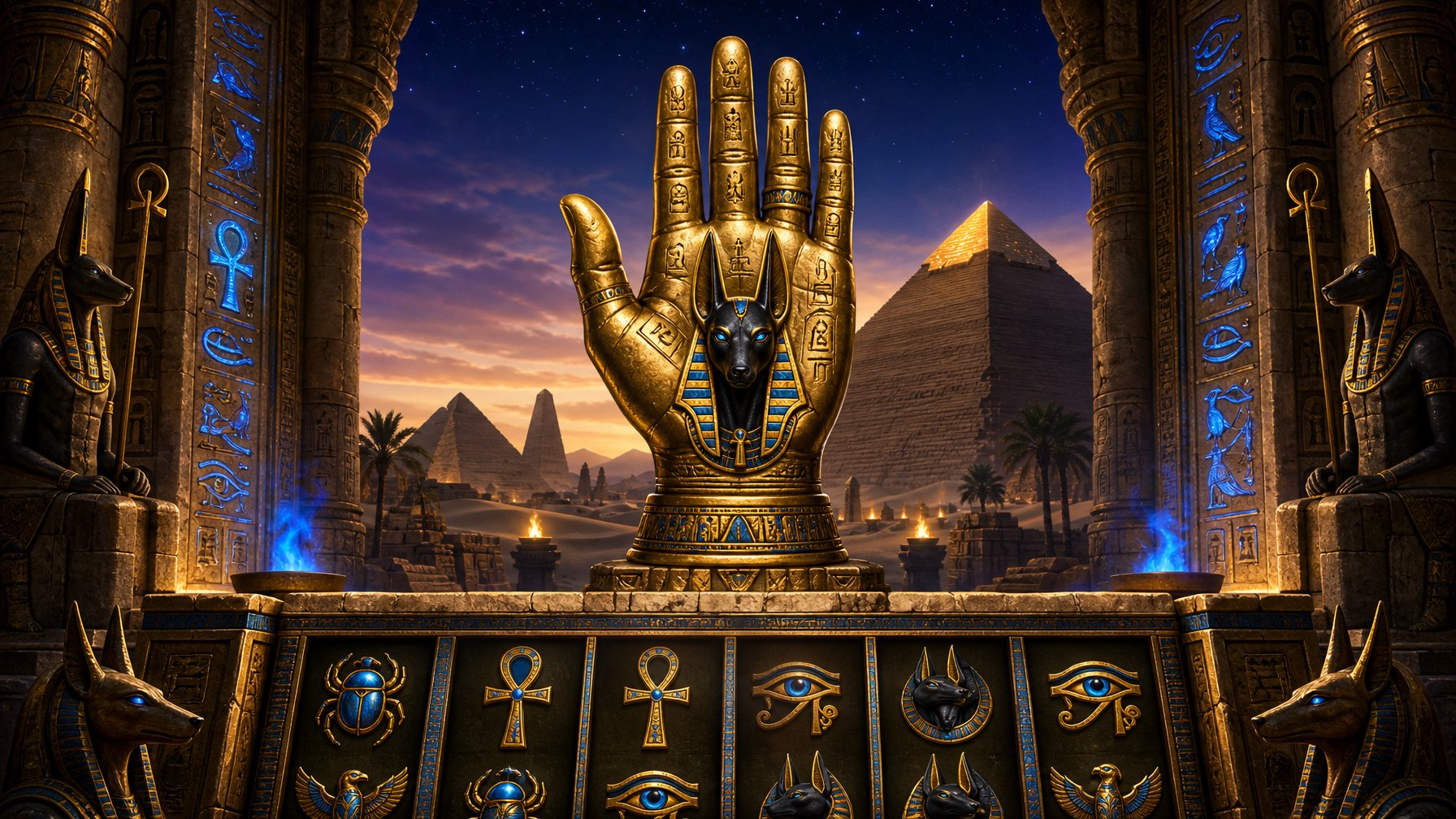 A Large Golden Hand Statue Of Anubis Surrounded By Ancient Egyptian Hieroglyphics And Pyramids Under A Twilight Sky.