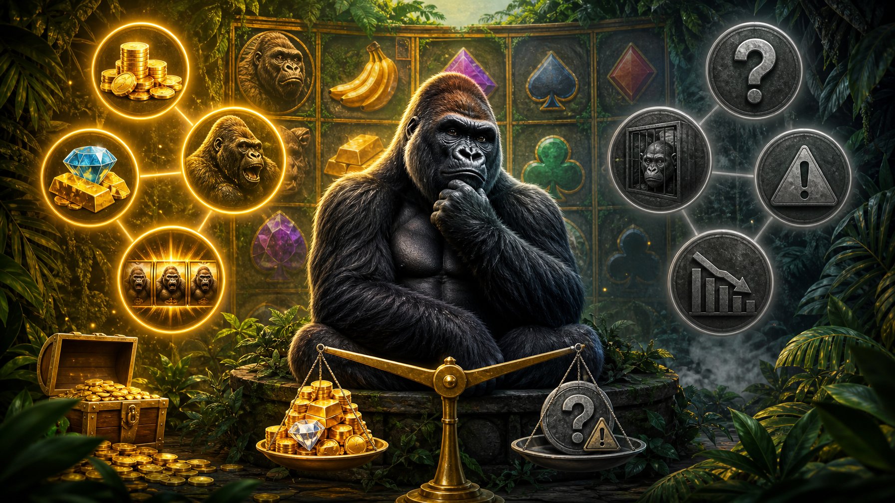 A Large Gorilla Sitting Thoughtfully In A Jungle Surrounded By Symbols Representing Advantages And Disadvantages Of A Slot Game.