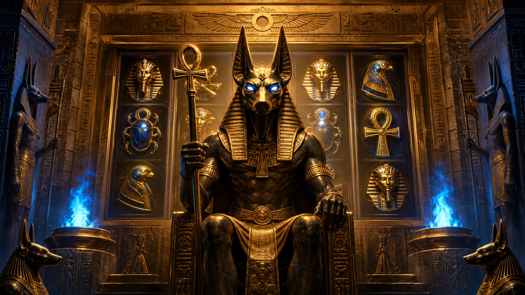 A Golden Statue Of Anubis Surrounded By Ancient Egyptian Hieroglyphics And Slot Machine Symbols Glowing Softly On Sandstone Walls.