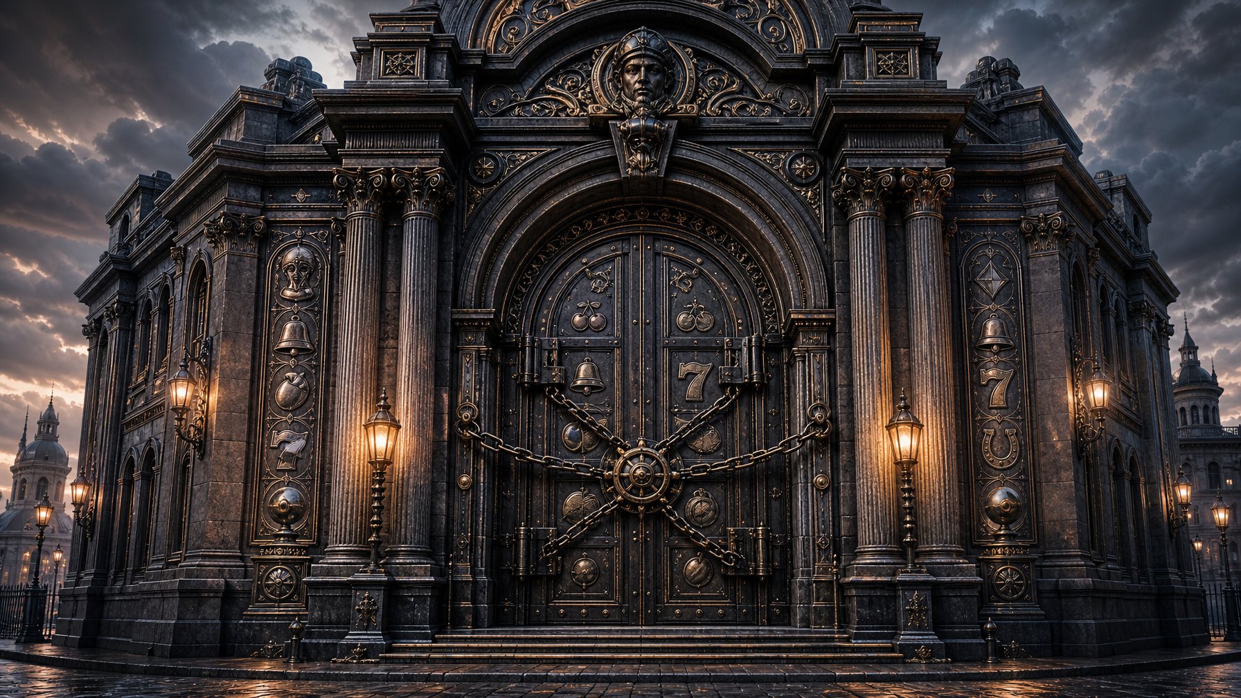 An Imposing Iron Bank Building With Large Iron Doors And Stone Pillars, Featuring Subtle Slot Machine Motifs On The Facade Under A Cloudy Twilight Sky.