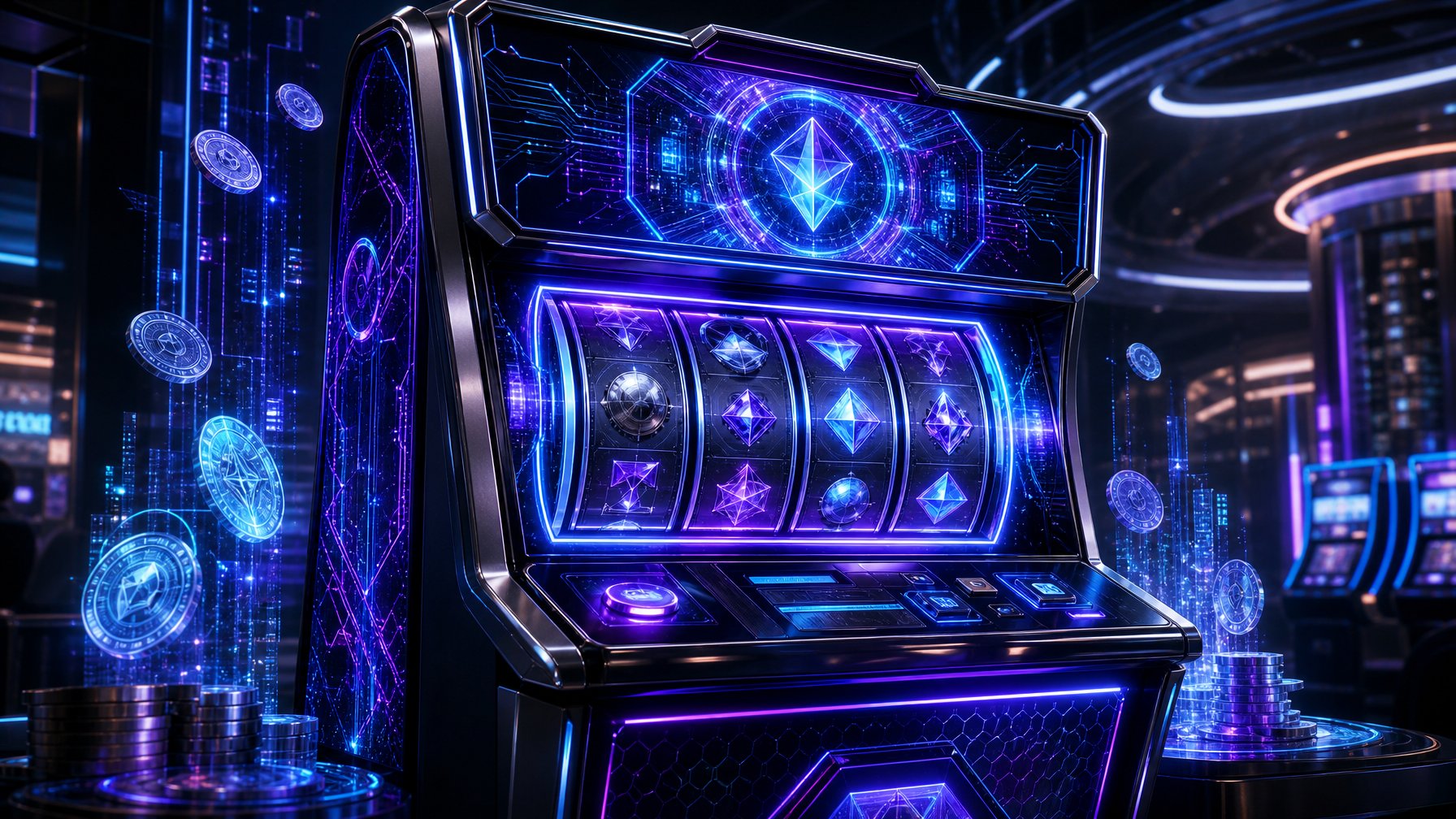 A Futuristic Slot Machine With Glowing Neon Lights In A HighTech Casino Setting Surrounded By Digital And Technological Elements.