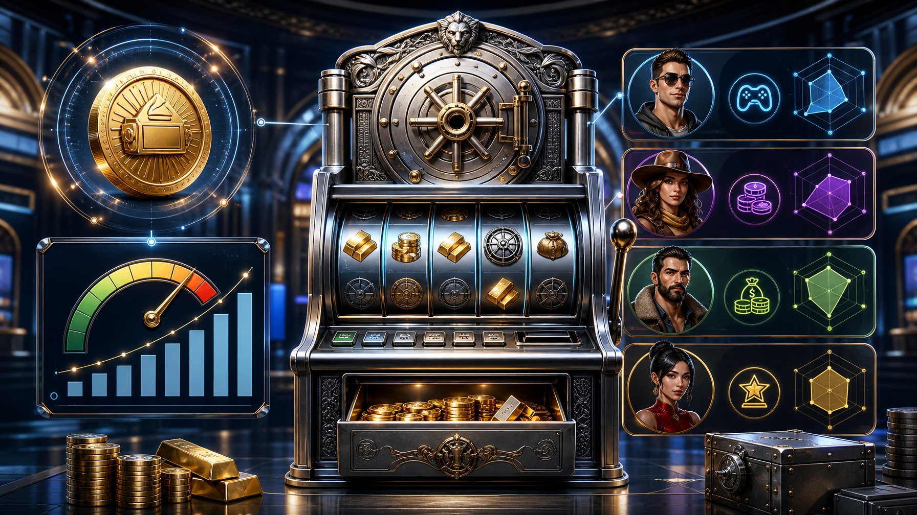 A Digital Slot Machine Themed Around An Iron Bank With Icons Representing Feature Buy Options, Value Profiles, And Diverse Player Avatars In A Modern Casino Setting.