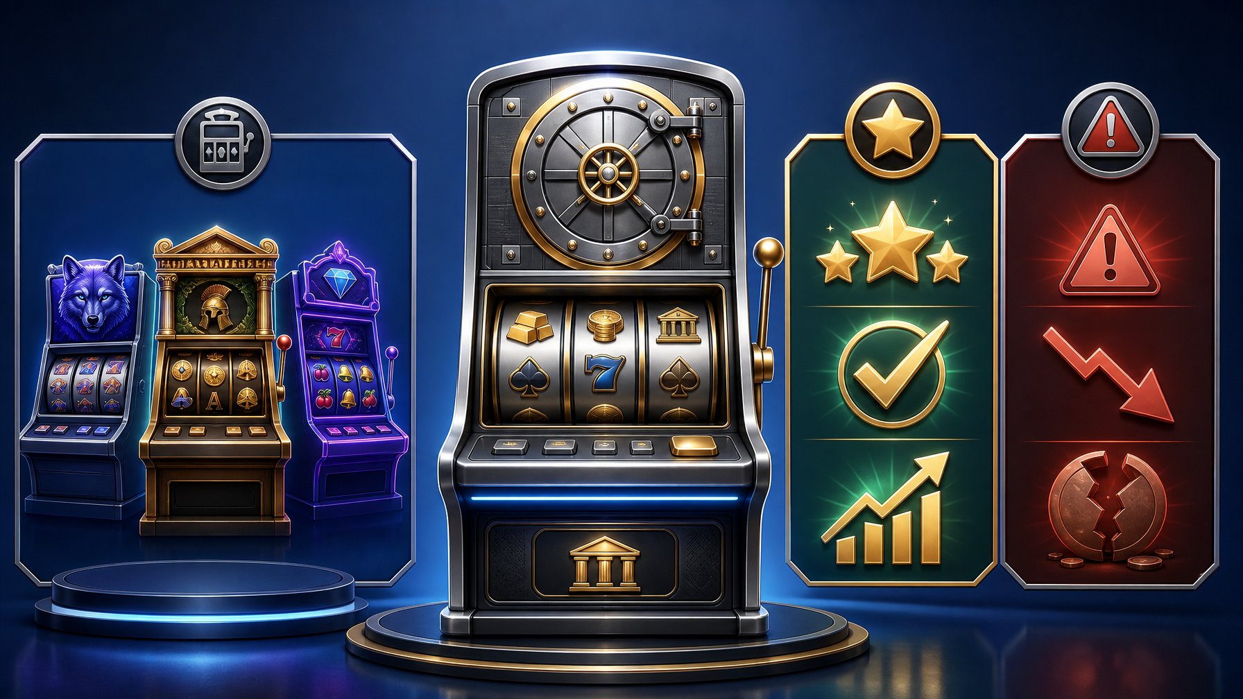 Illustration Showing A Central Slot Machine With A Bank Vault Door Design, Surrounded By Three Panels Representing Similar Slot Games, Strengths, And Drawbacks Using Icons Like Stars And Arrows.