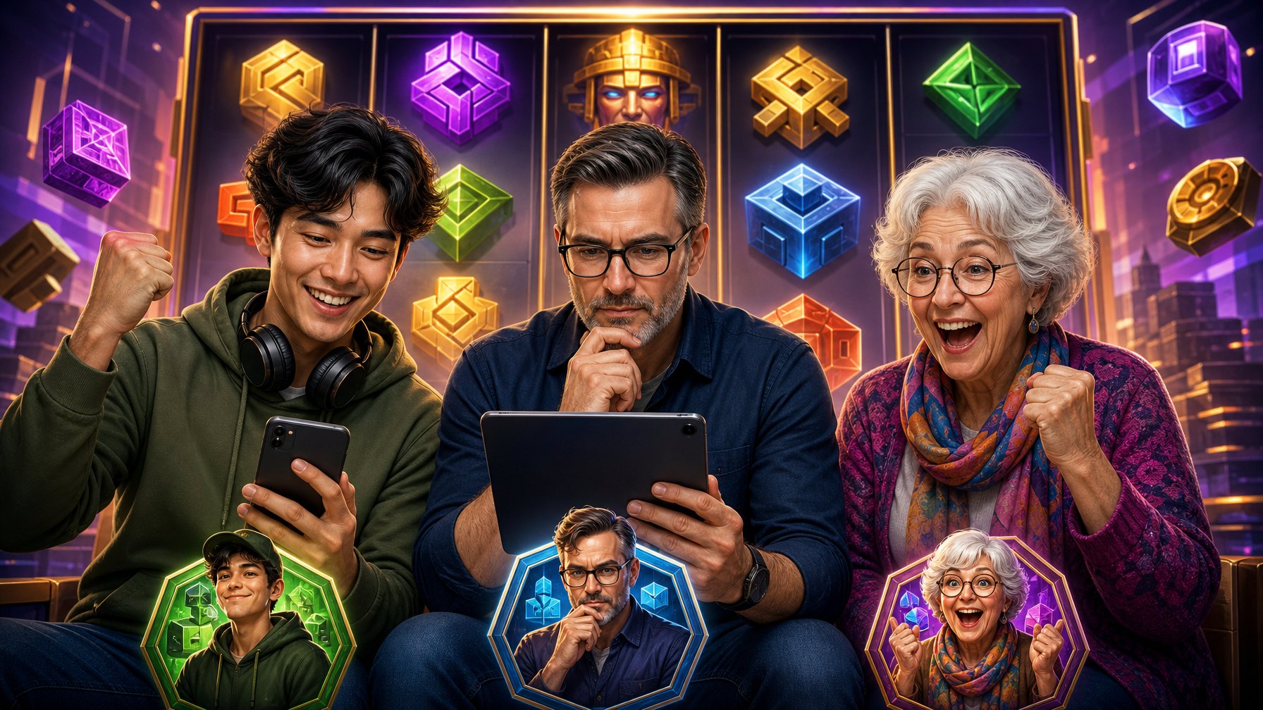 A Group Of Diverse People Representing Different Types Of Slot Game Players With A Colorful Slot Machine Background.
