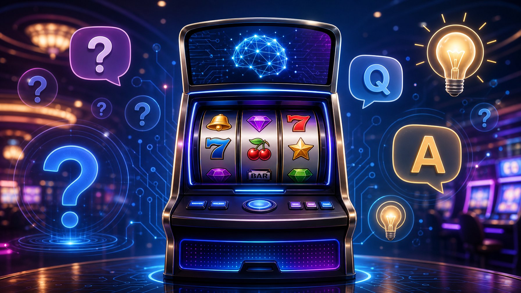 A Modern Slot Machine In A Casino Setting Surrounded By Floating Question Marks And Lightbulbs Symbolizing Questions And Answers.