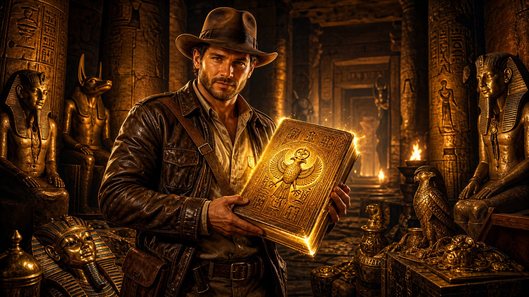 An Explorer Holding A Glowing Ancient Book Inside A Dimly Lit Egyptian Tomb Filled With Golden Artifacts And Statues.
