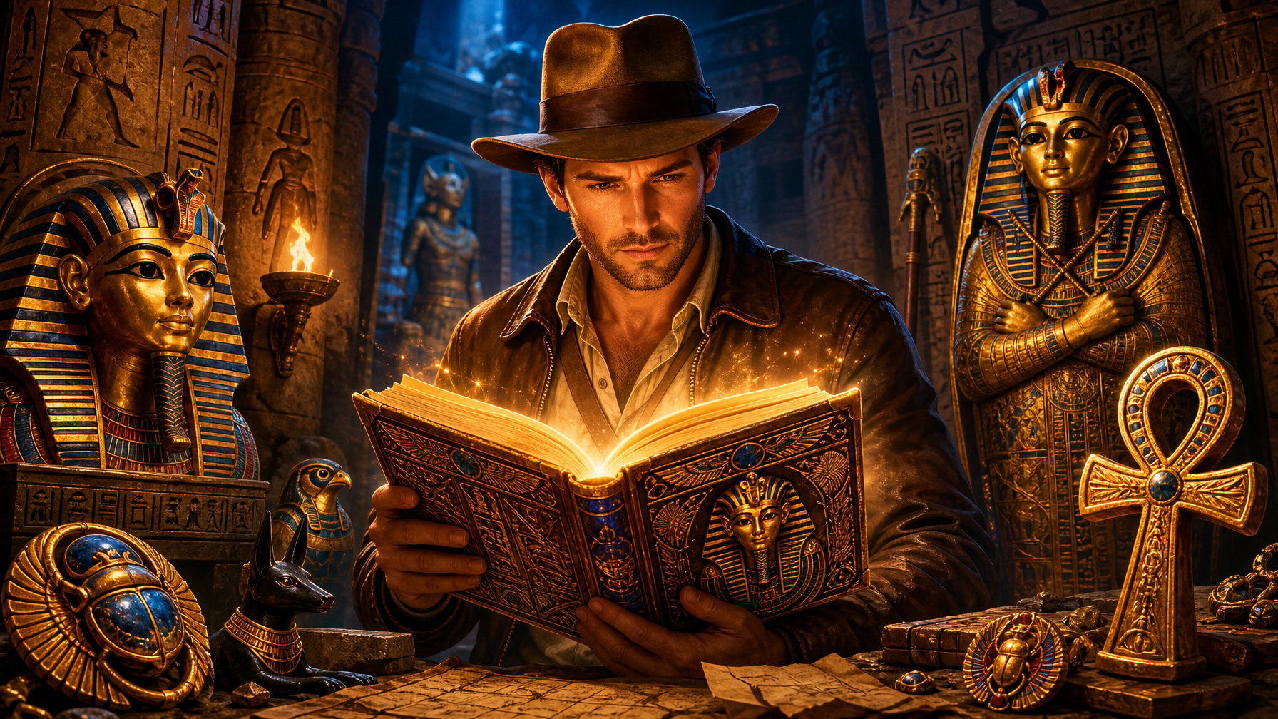An Explorer Examines A Glowing Ancient Egyptian Book Surrounded By Egyptian Symbols And Artifacts Inside A Dimly Lit Tomb.