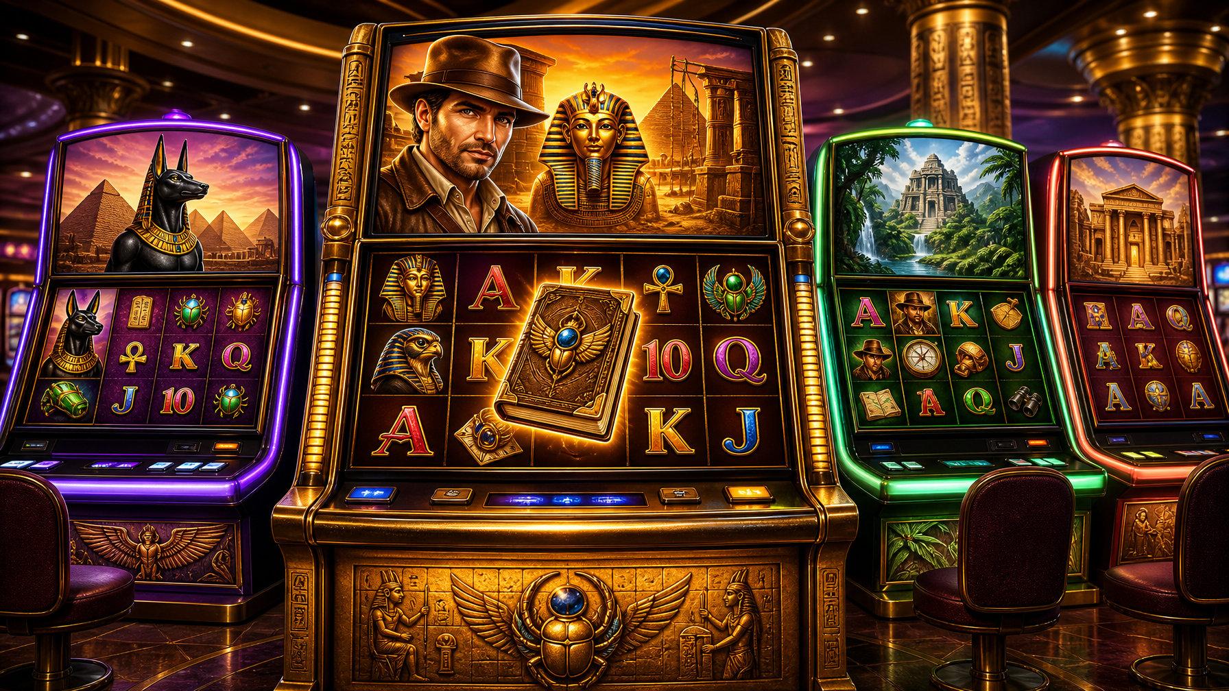 A Scene Showing A Slot Machine With Ancient Egyptian Symbols And An Explorer Character, Surrounded By Other Differently Themed Slot Machines In A Casino Setting.