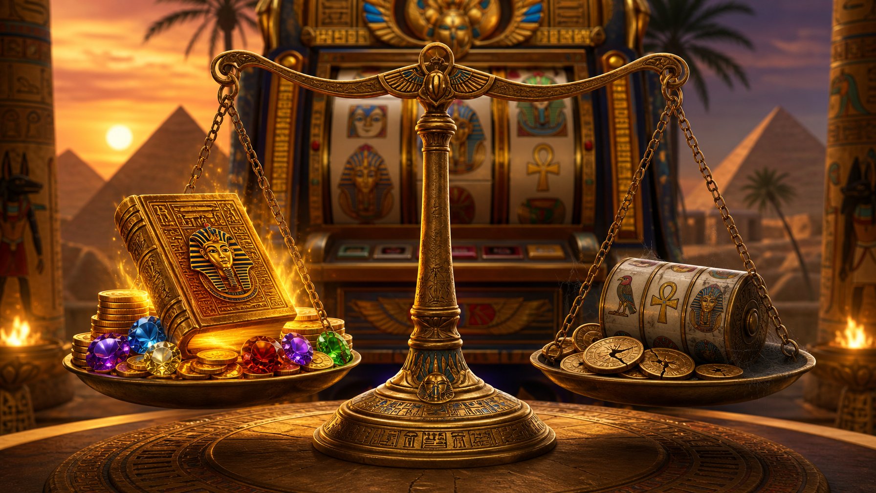 A Balanced Scale Showing Golden Coins And An Ancient Book On One Side And Cracked Coins With A Faded Slot Machine Reel On The Other, Set Against A Background Featuring Pyramids And A Slot Machine With Egyptian Themes.