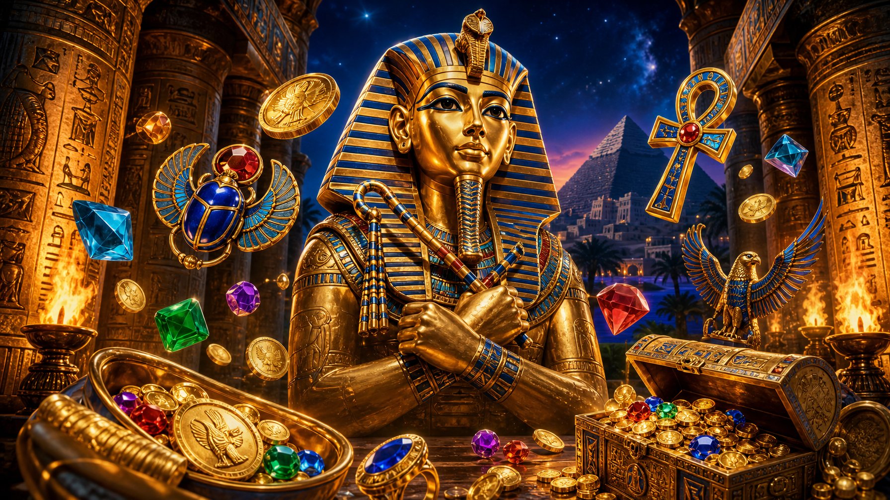 An Ancient Egyptian Scene Featuring A Golden Pharaoh Statue Surrounded By HieroglyphCovered Pillars, Glowing Torches, Pyramids In The Background, And Colorful Slot Symbols Like Scarabs And Gemstones.