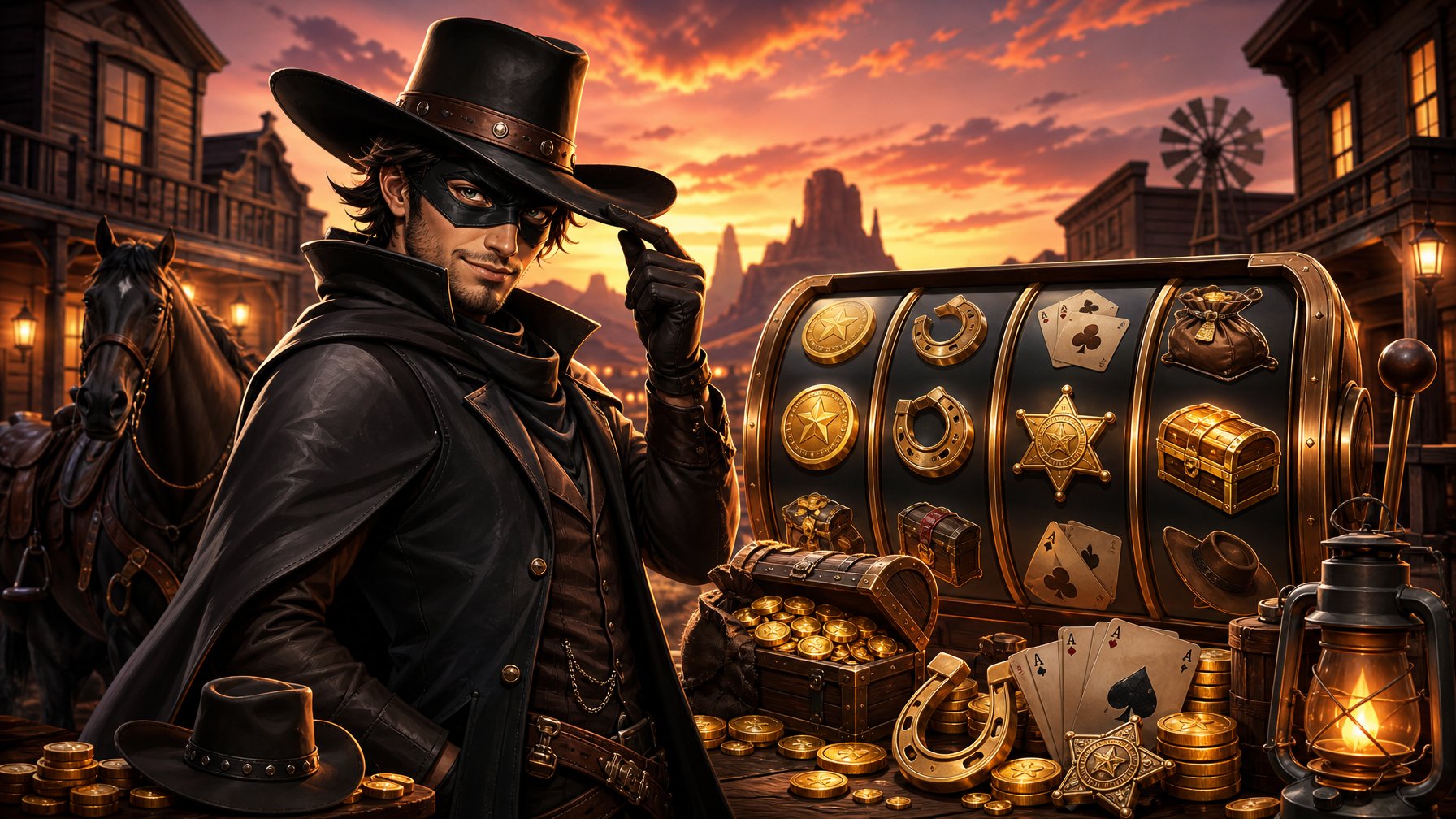 A Masked Bandit Stands Confidently In Front Of An Old Western Town At Dusk, Surrounded By Slot Machine Symbols Like Gold Coins And Treasure Chests.