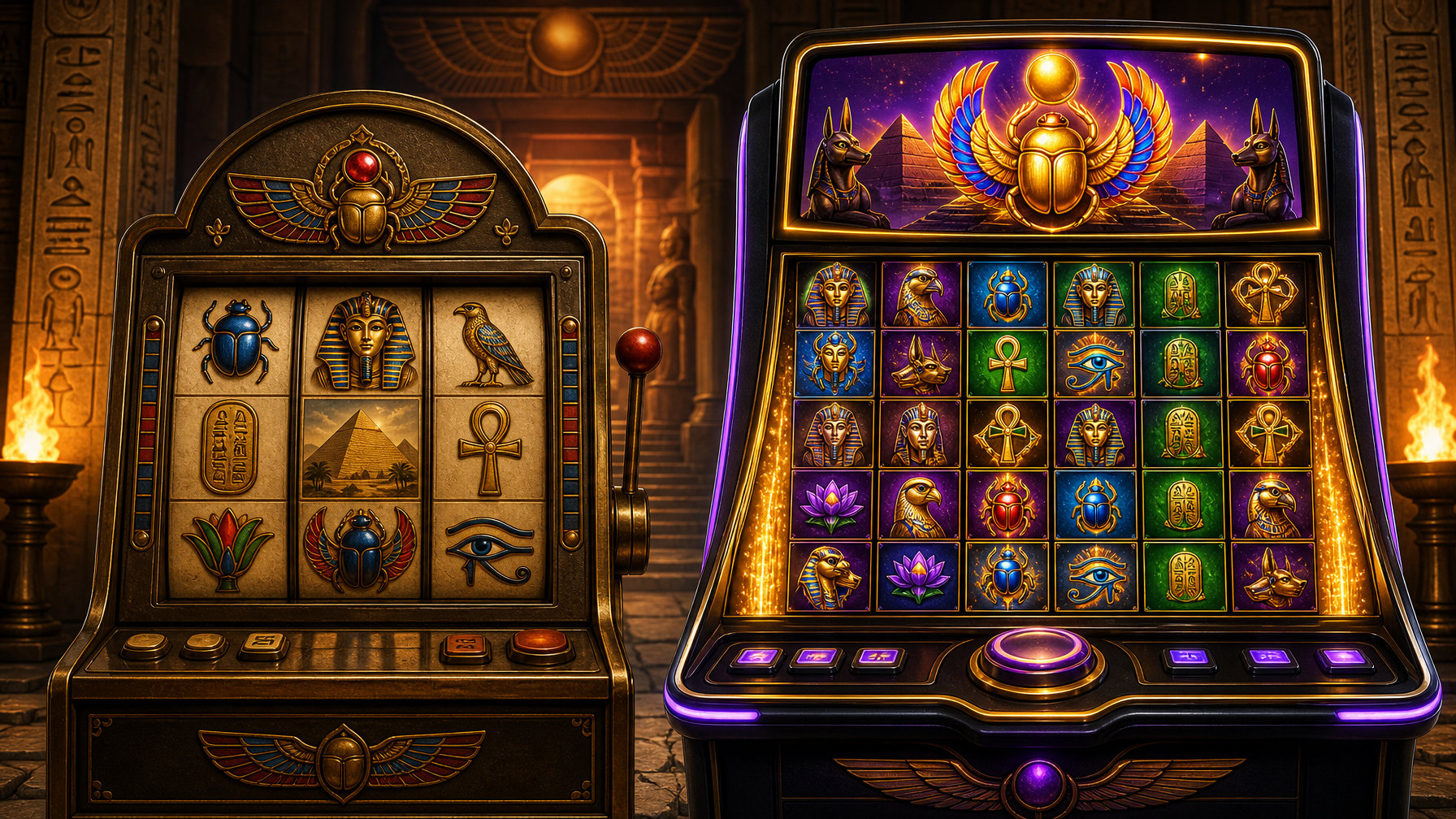 Two Slot Machines Side By Side, One With A Classic Egyptian BookStyle Design And The Other A Modern Megaways Slot With Multiple Reels And Cascading Symbols, Set Against An Ancient Egyptian Temple Background.