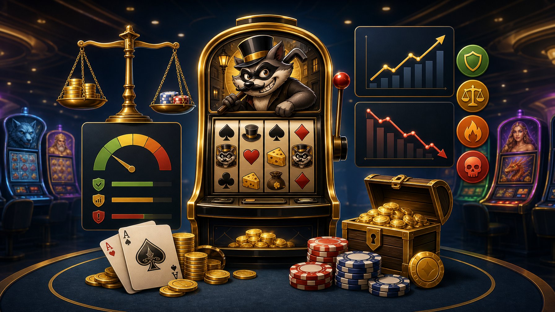 A Casino Scene With A Slot Machine Surrounded By Coins, Playing Cards, And Charts Representing Risk And Reward, With Other Slot Machines Visible In The Background.