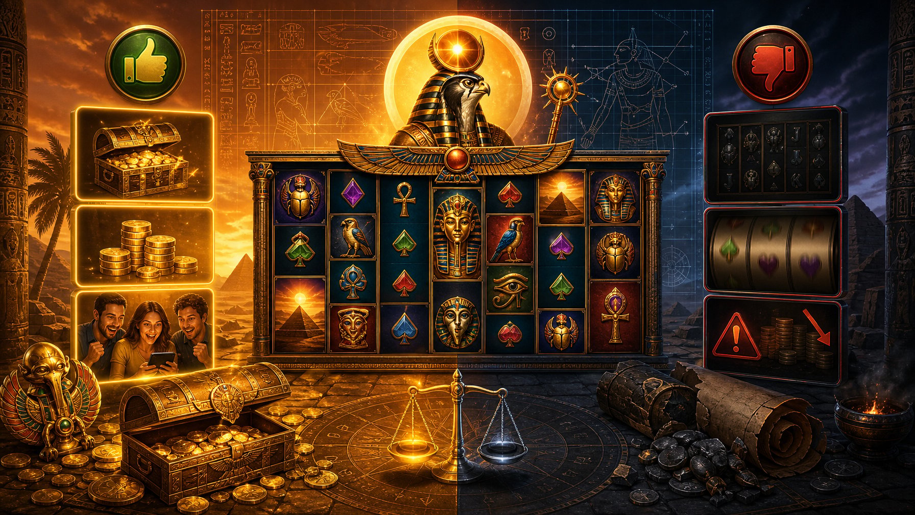 A Split Scene Showing Positive And Negative Aspects Of An Ancient EgyptianThemed Slot Machine Game With Symbols Like Treasure Chests, Coins, Pyramids, And Gaming Reels.