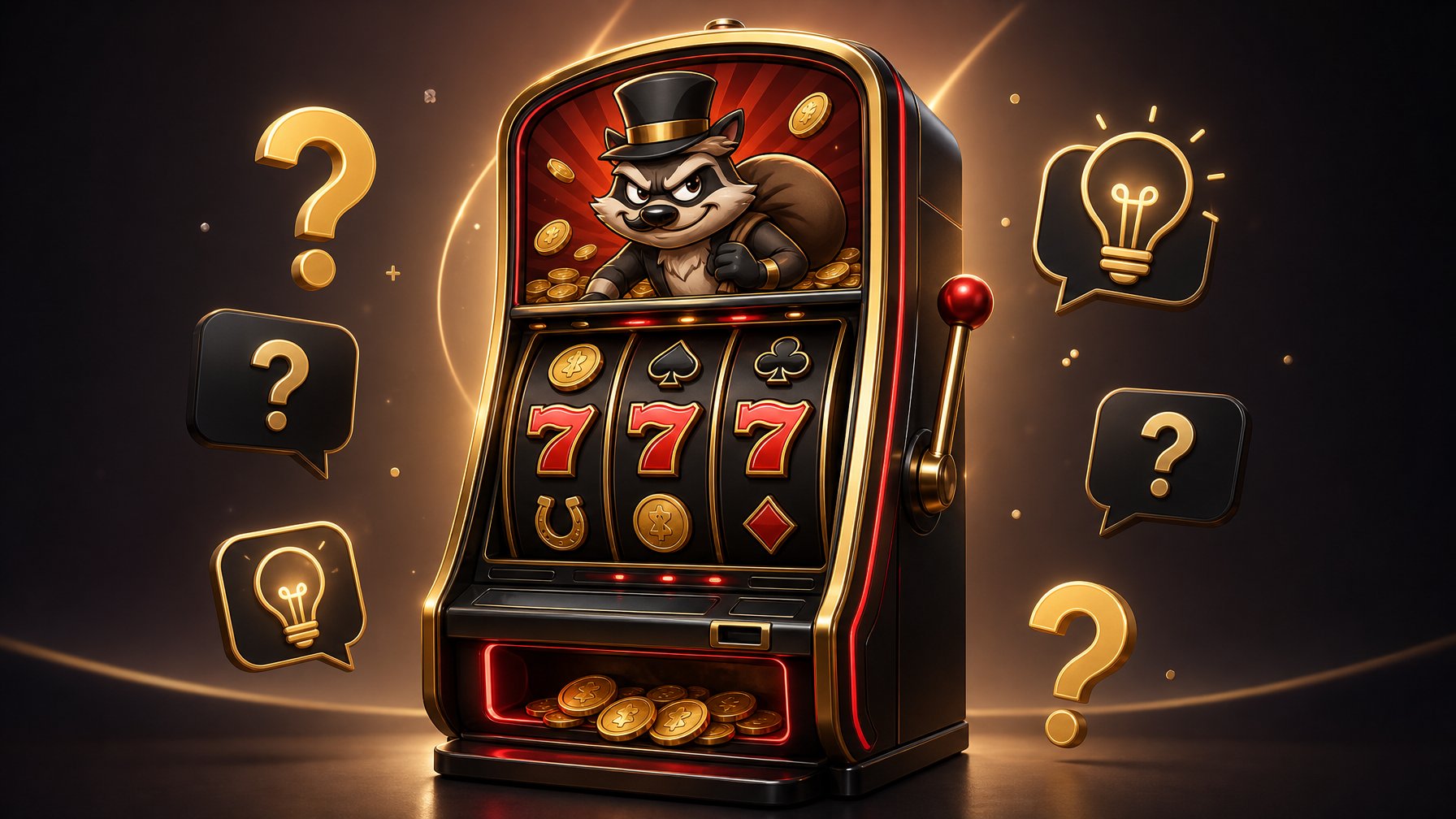 A Detailed Illustration Of A Colorful Slot Machine With Symbols Like Sevens And Coins, Surrounded By Floating Question Marks And Lightbulbs.