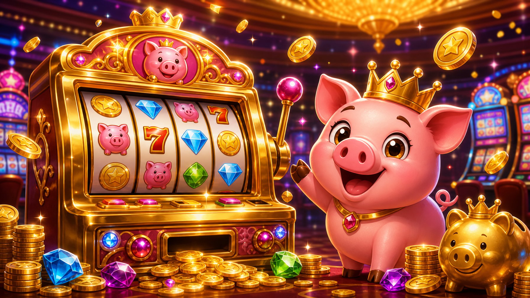 A Cheerful Pink Pig With A Golden Crown Next To A Glowing Slot Machine Surrounded By Floating Gold Coins In A Lively Casino Setting.