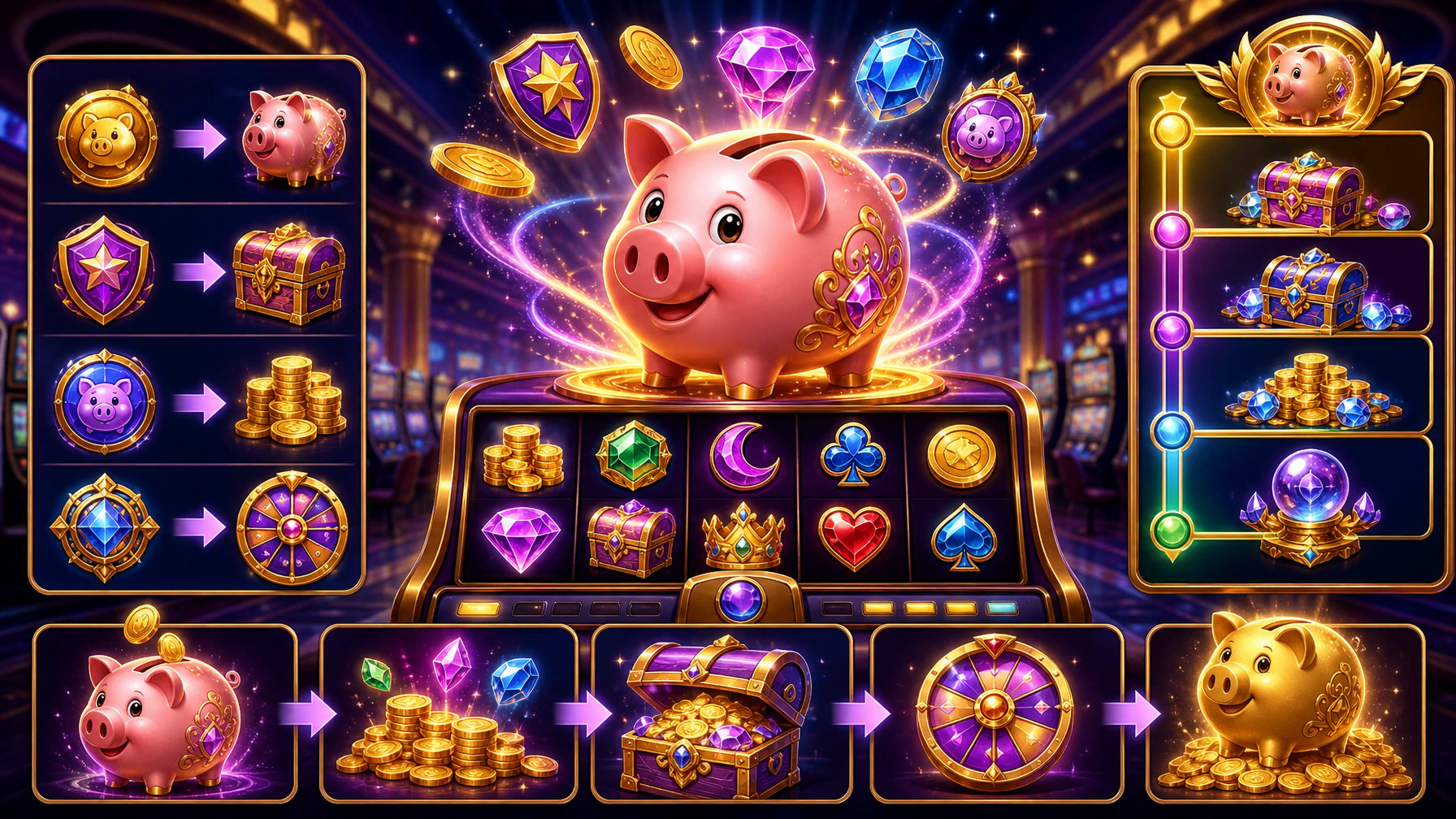 A Casino Slot Machine Featuring A Glowing Magical Piggy Bank Surrounded By Coins And Mystical Symbols Indicating Bonus Features And Progression.