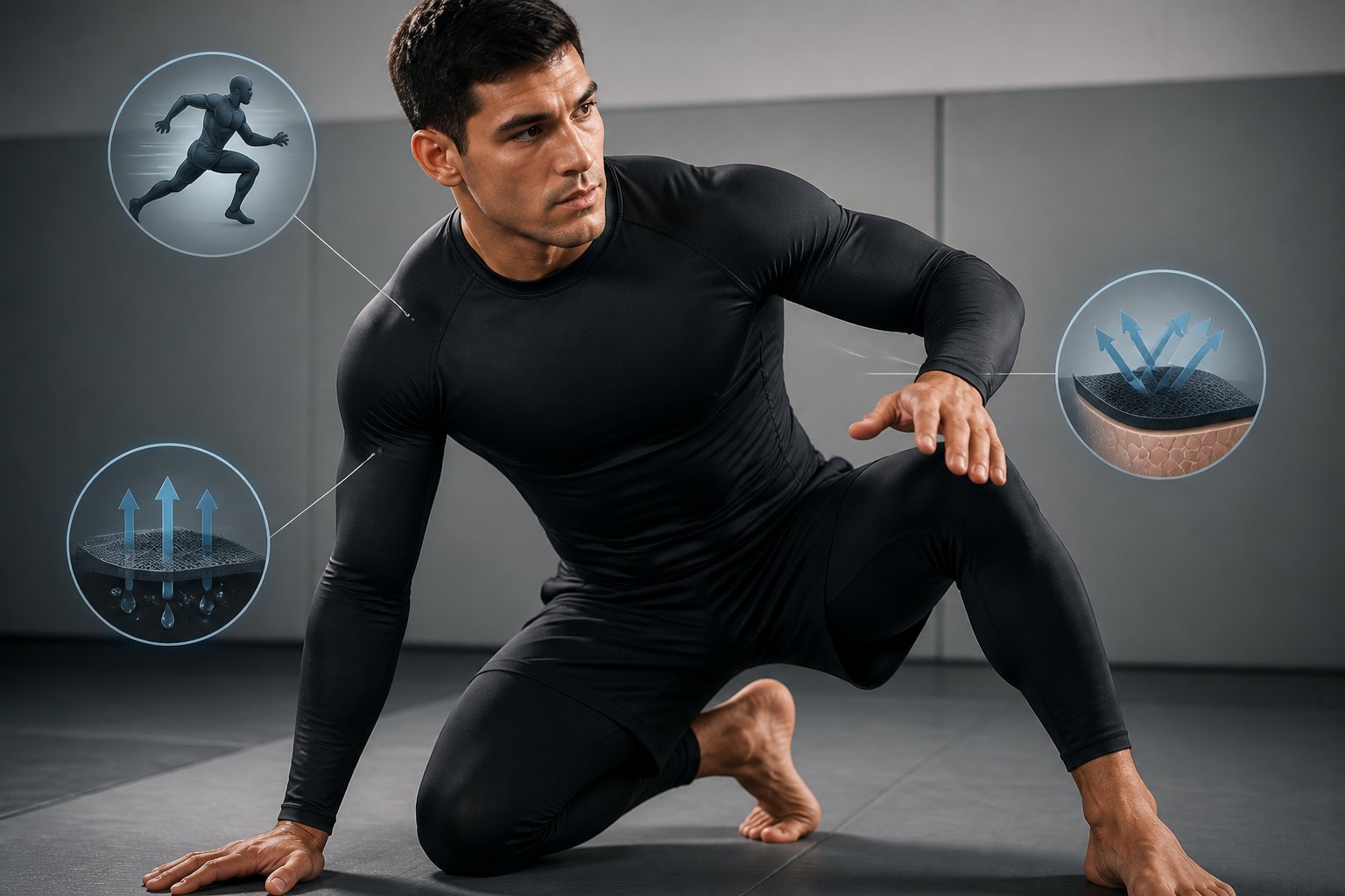 A BJJ practitioner wearing a well-fitted rash guard in a gym, showing a comfortable and proper fit while ready for training.