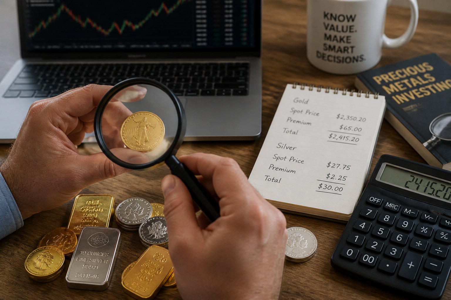 Close-up of hands examining gold and silver coins on a table with a calculator, notebook, and laptop in the background.