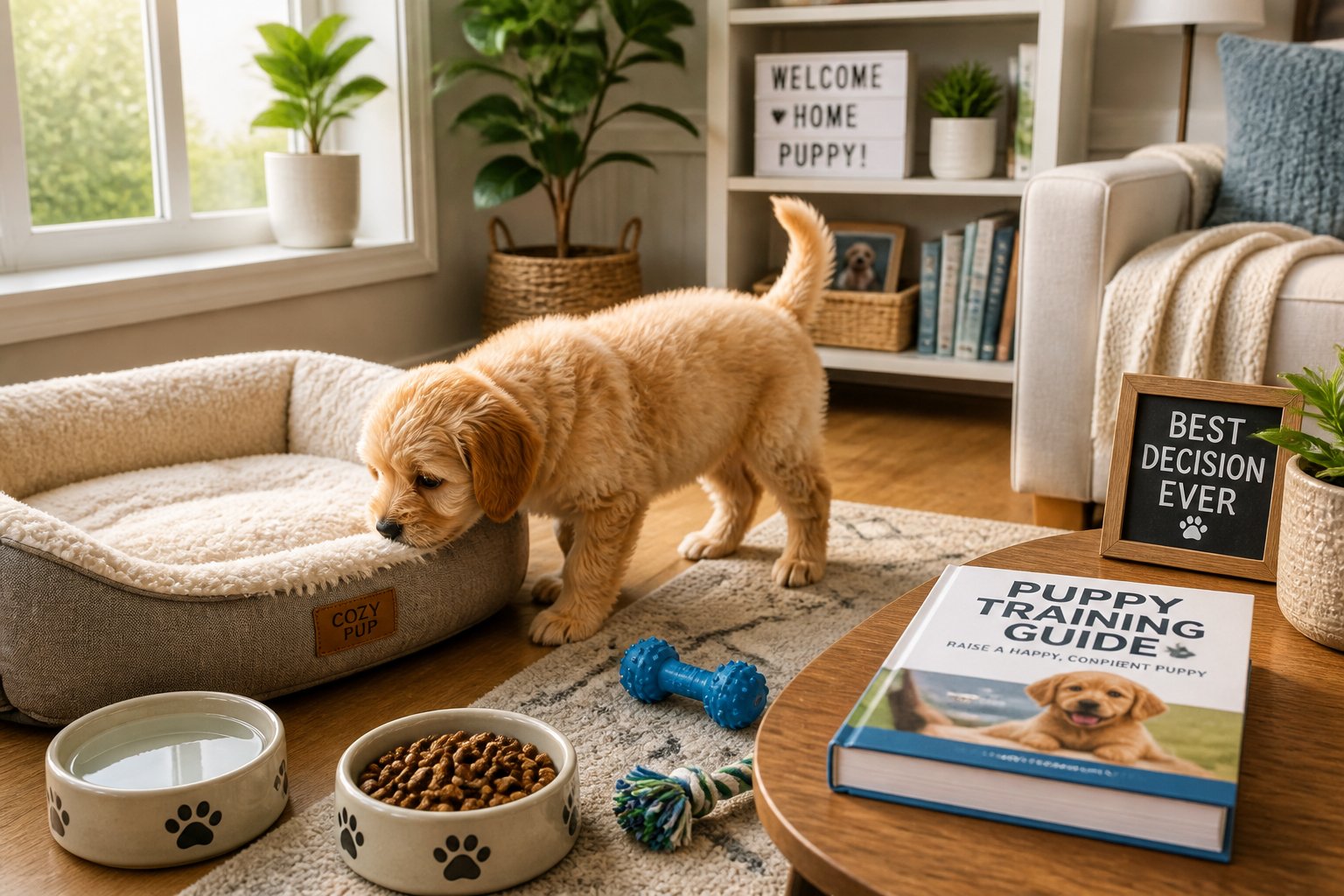 A small puppy exploring a cozy living room with a dog bed, food bowl, chew toy, and a training guidebook nearby.