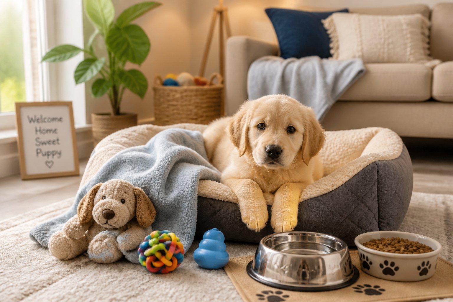 A small puppy resting comfortably on a dog bed in a cozy living room with toys and water nearby.