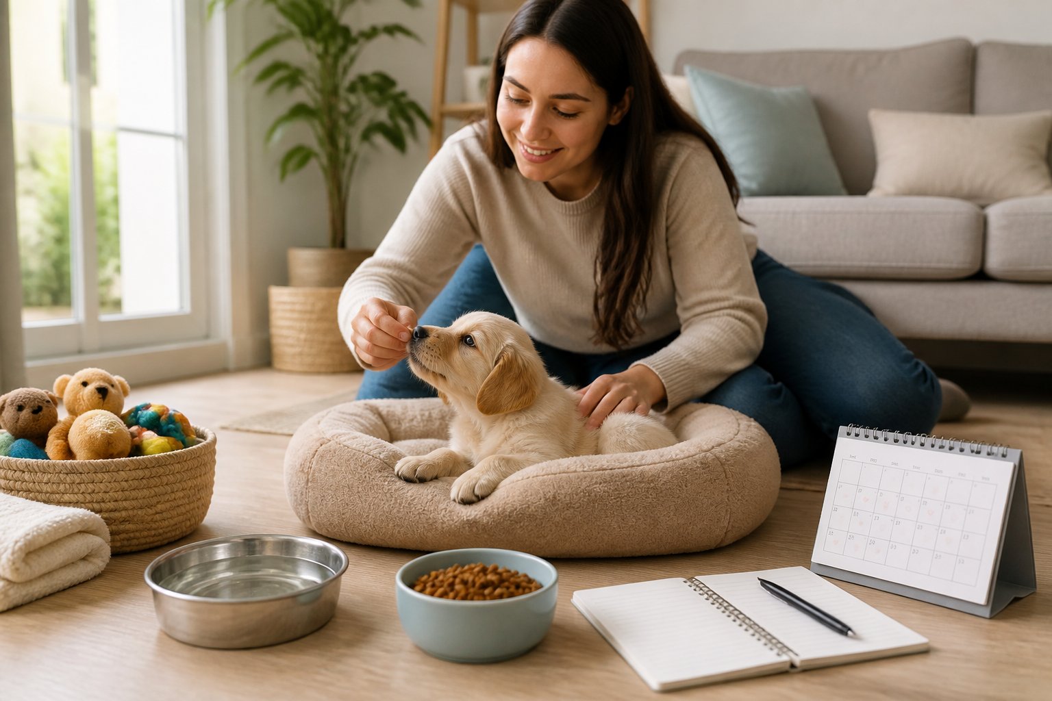 A small puppy resting on a dog bed near a window with natural light, surrounded by puppy care items and a person gently interacting with it in a cozy living room.