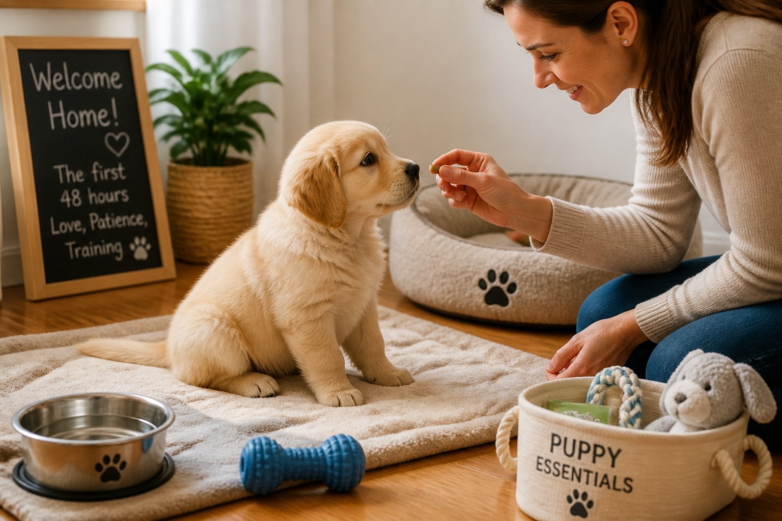 A small puppy sitting on a blanket indoors while a person offers it a treat, surrounded by puppy care items.